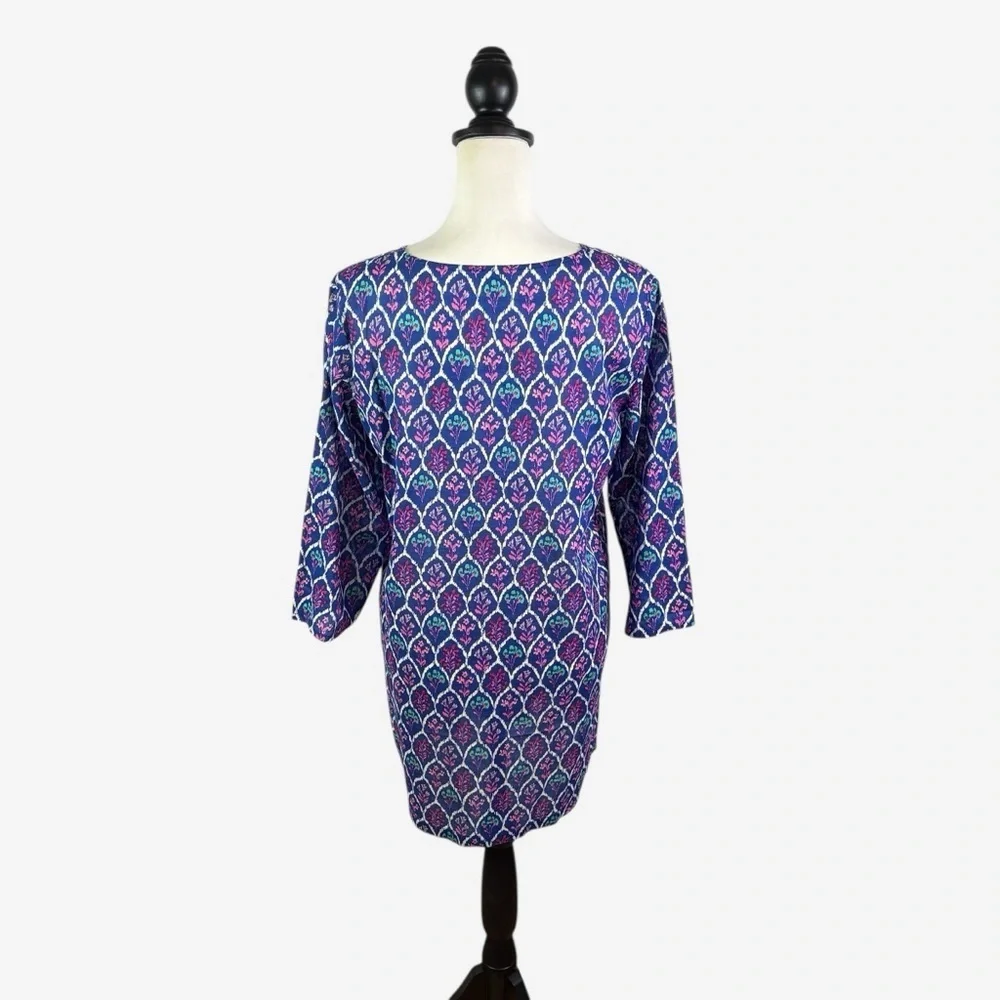J Crew Swim Cover Up Tunic Size S Cotton Lightweight 3/4 Sleeve Blue Floral - Picture 3 of 12